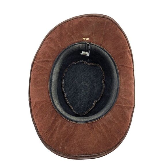 Vtg Hat Leather Cowboy Safari Distressed Braided Accent Unisex Dark Brown L 21" - Picture 9 of 10